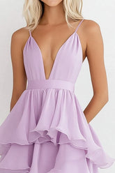 Lila Spaghettiträger Chiffon A-Linie Gestuftes Partykleid